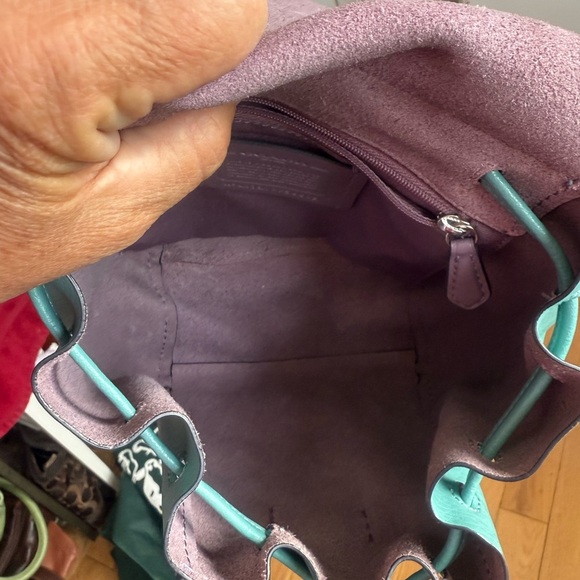 COACH Derby Turquoise Leather Small Mini Backpack Purse Bag Purple Liner - Picture 8 of 8